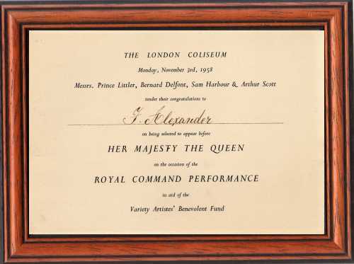 Roytal Command Performance plaque presented to Fred Alexander in 1958